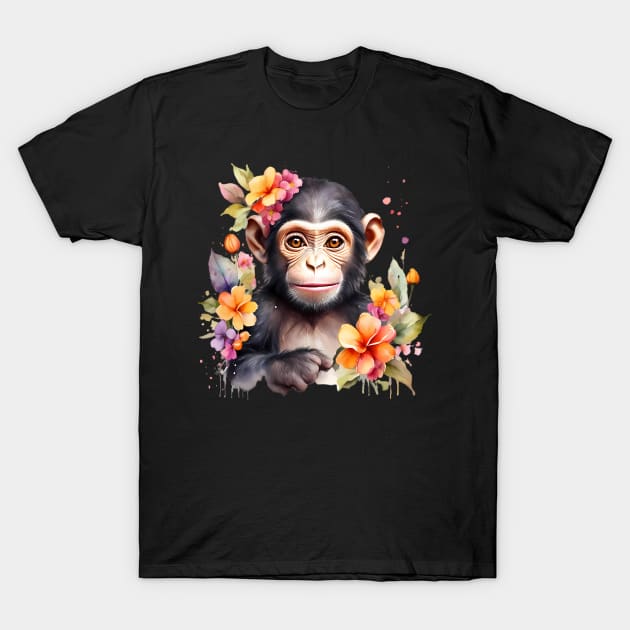 A baby chimpanzee decorated with beautiful watercolor flowers T-Shirt by CreativeSparkzz